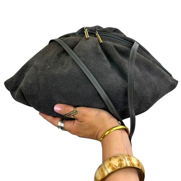 1960's MEYER USA gray suede leather triangle ruched purse - Picture 5 of 7